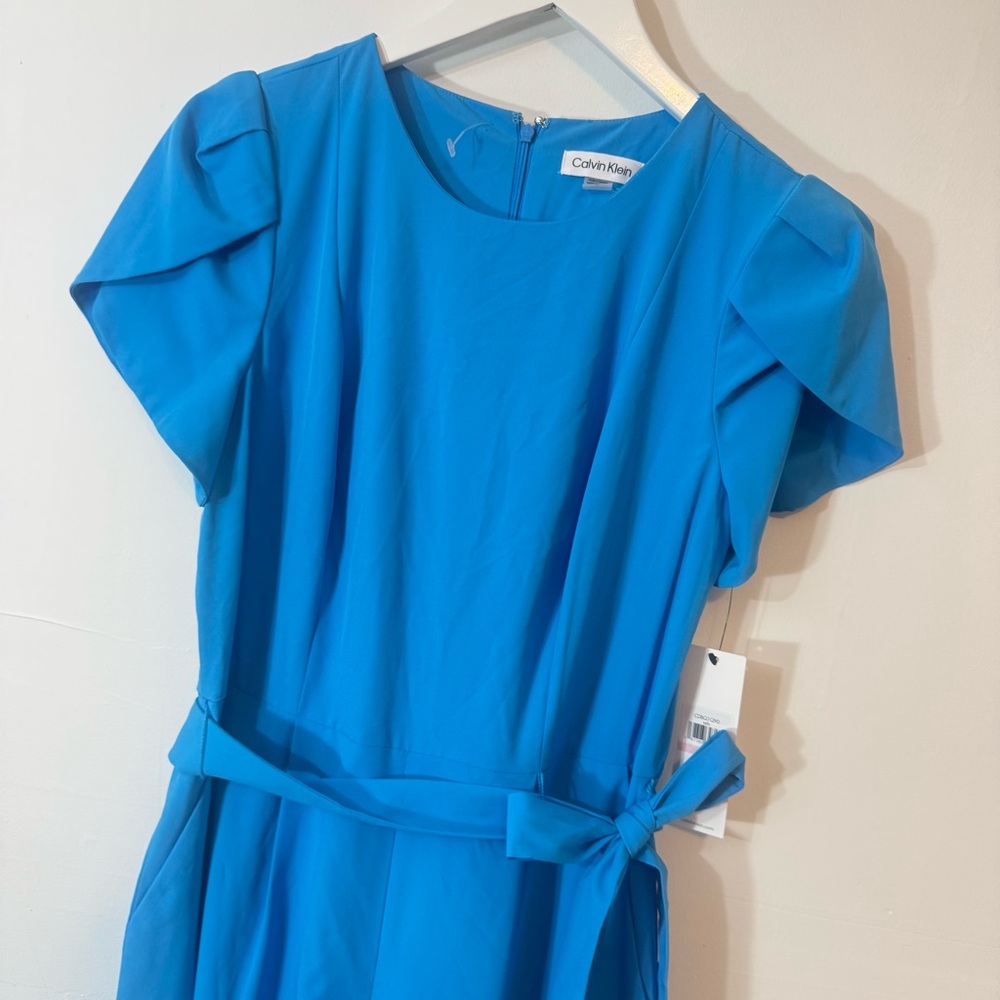 Calvin Klein Size 10 Jumpsuit Blue Flutter Split Sleeve Belted NEW - Picture 9 of 9